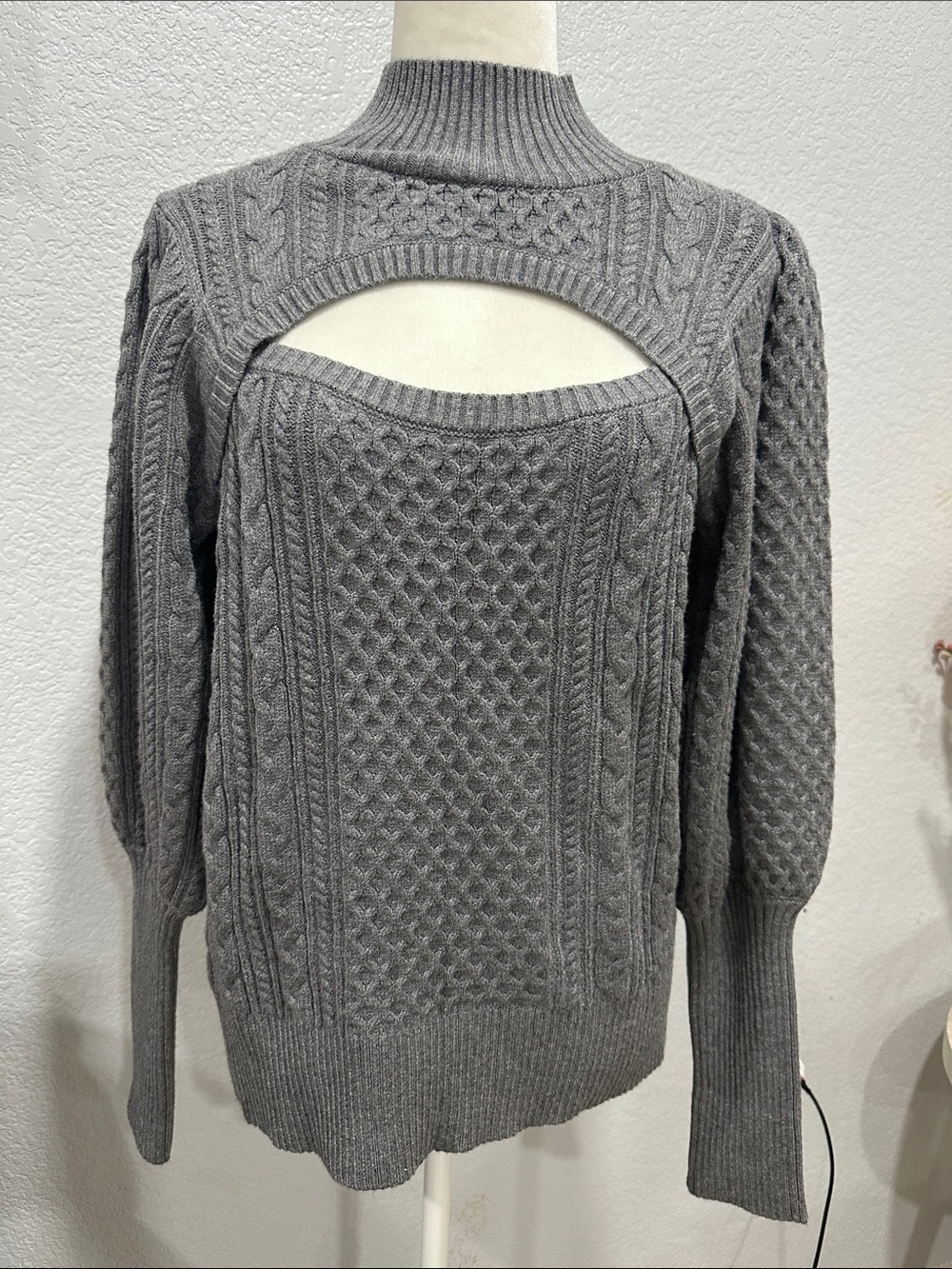 H by Halston Gray Cable-Knit Cutout Turtleneck Sweater